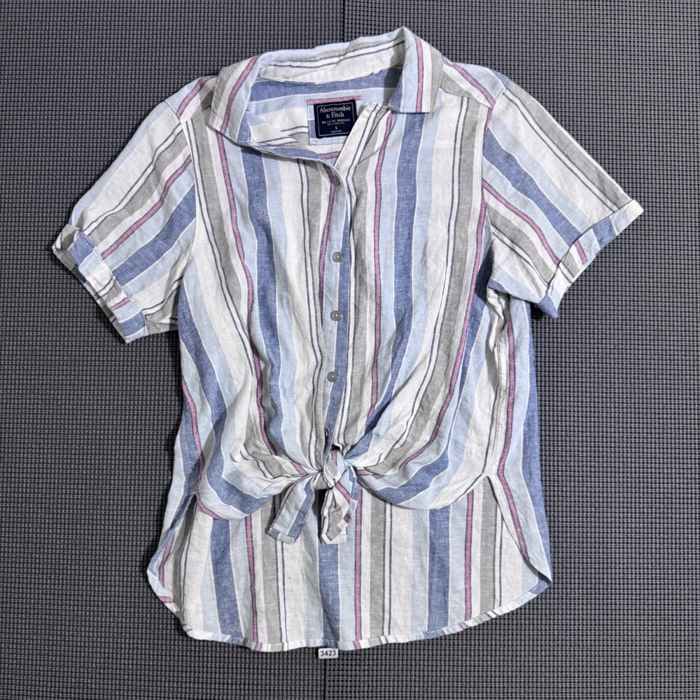 Abercrombie & Fitch Womens Small Blue Striped Short Sleeve Tie Front Button Up
